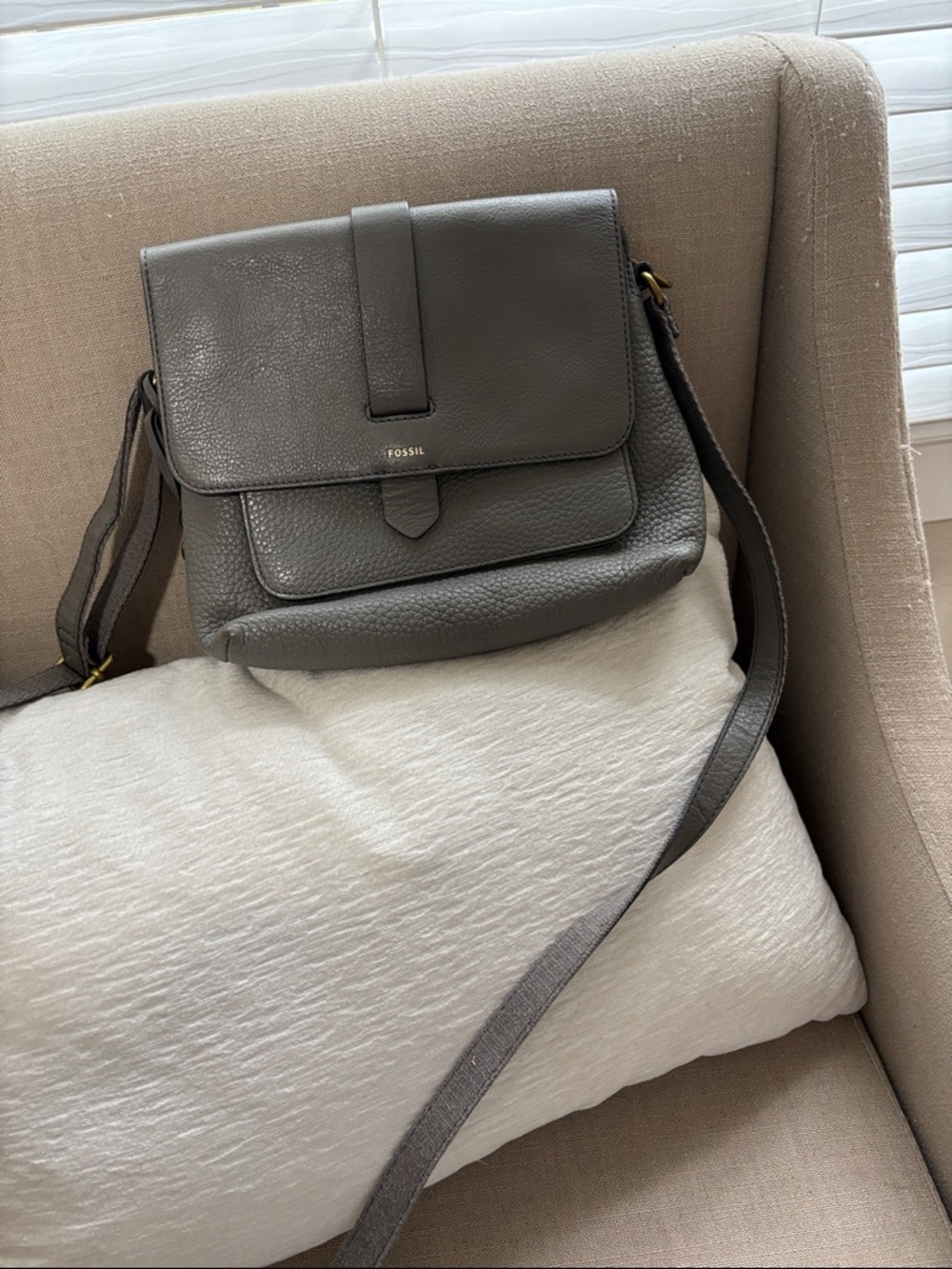 Fossil Gray Pebbled Leather Flap Crossbody